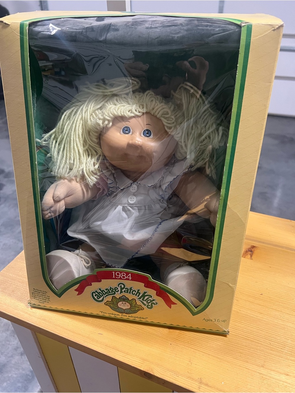 1984 Cabbage Patch Kids Beckie Michelle Blonde Yarn Hair Doll in White Dress
